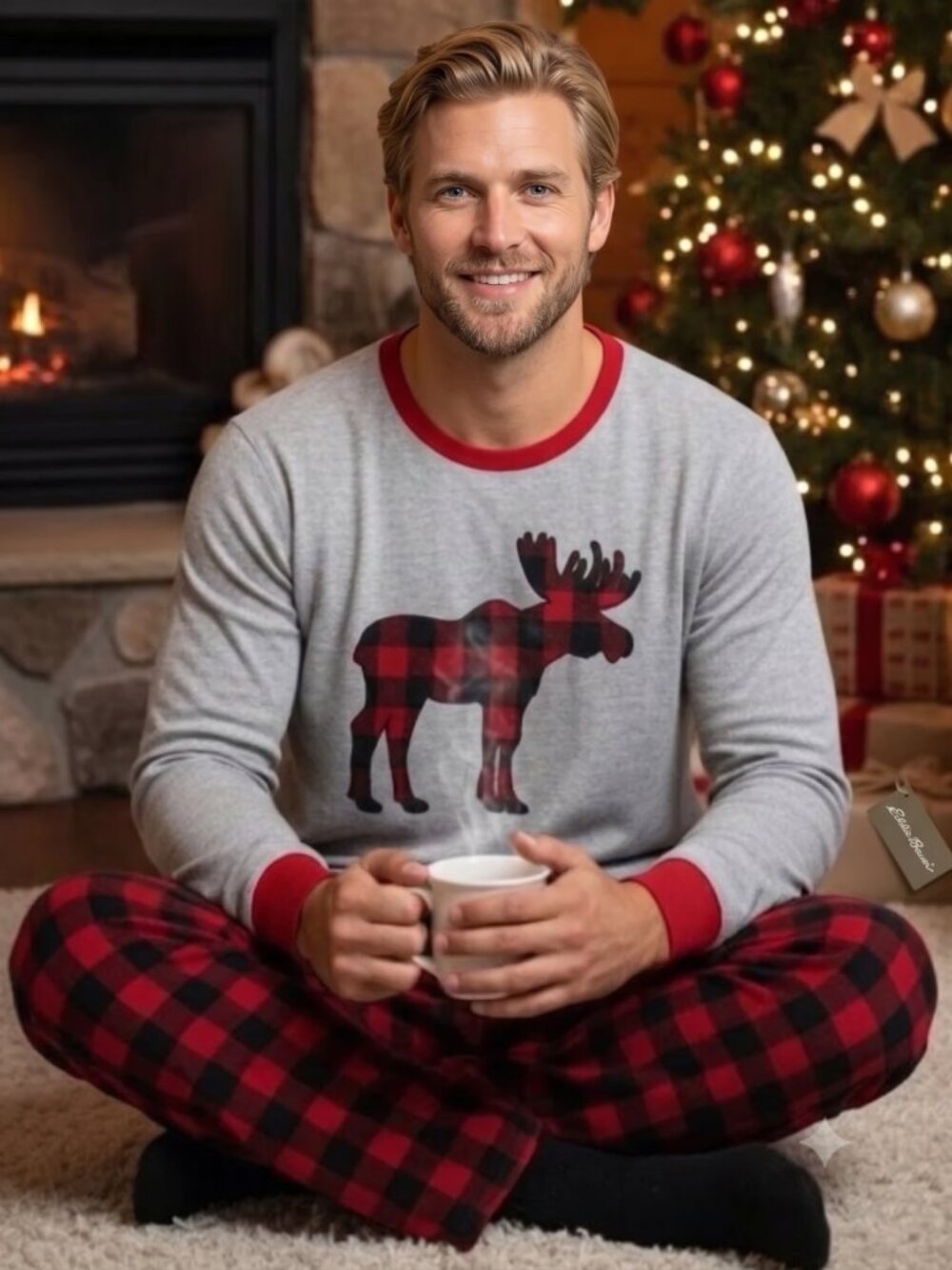 Eddie Bauer Men's XL Moose Buffalo Plaid Pajama Set Holiday Christmas Gray